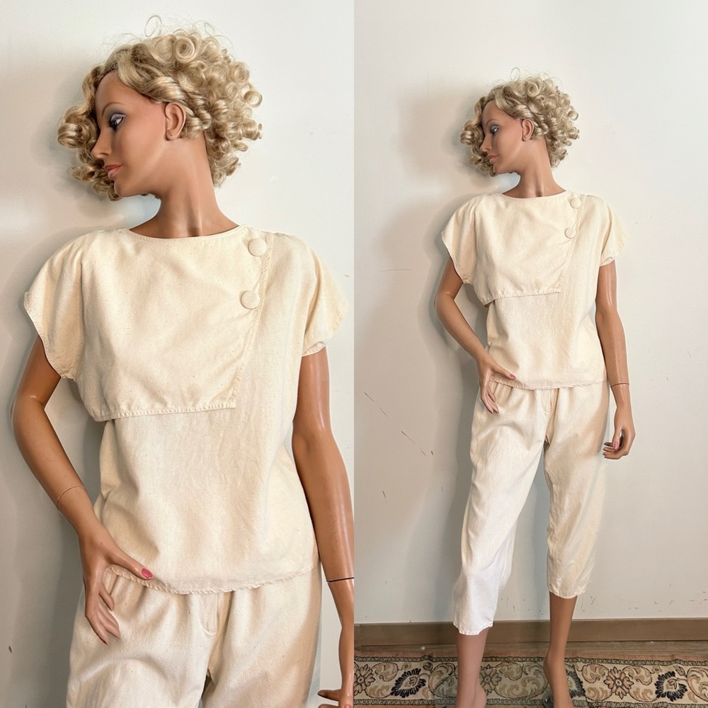 1980s Raw Cotton Two Piece Set – Minimalist Top & Cropped Pants, 26” Waist (S)